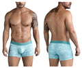 Light blue Clever 1729 Rose trunks boxer briefs with subtle white leaf pattern and solid teal waistband