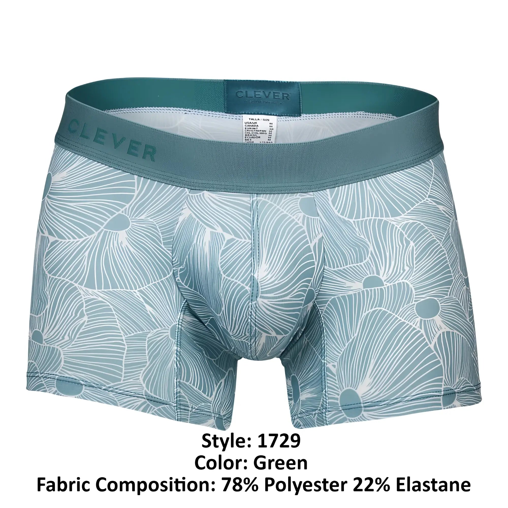 Teal-green clever 1729 rose trunks boxer briefs with white floral design and elastic waistband for comfortable wear