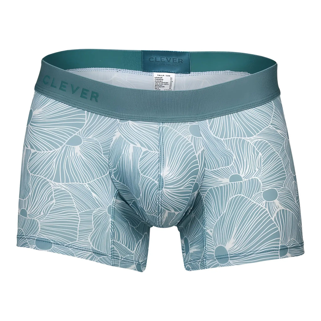 Teal and white floral-patterned clever 1729 rose trunks boxer briefs in green color made from soft fabric