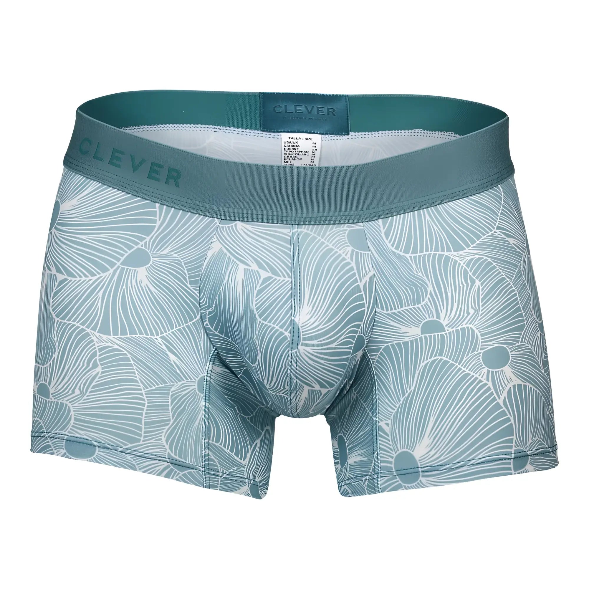 Teal and white floral-patterned clever 1729 rose trunks boxer briefs in green color made from soft fabric