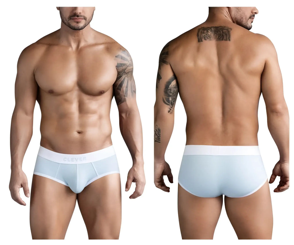 Light blue ribbed cotton briefs with white elastic waistband featuring clever branding in clever 1733 colors brief design