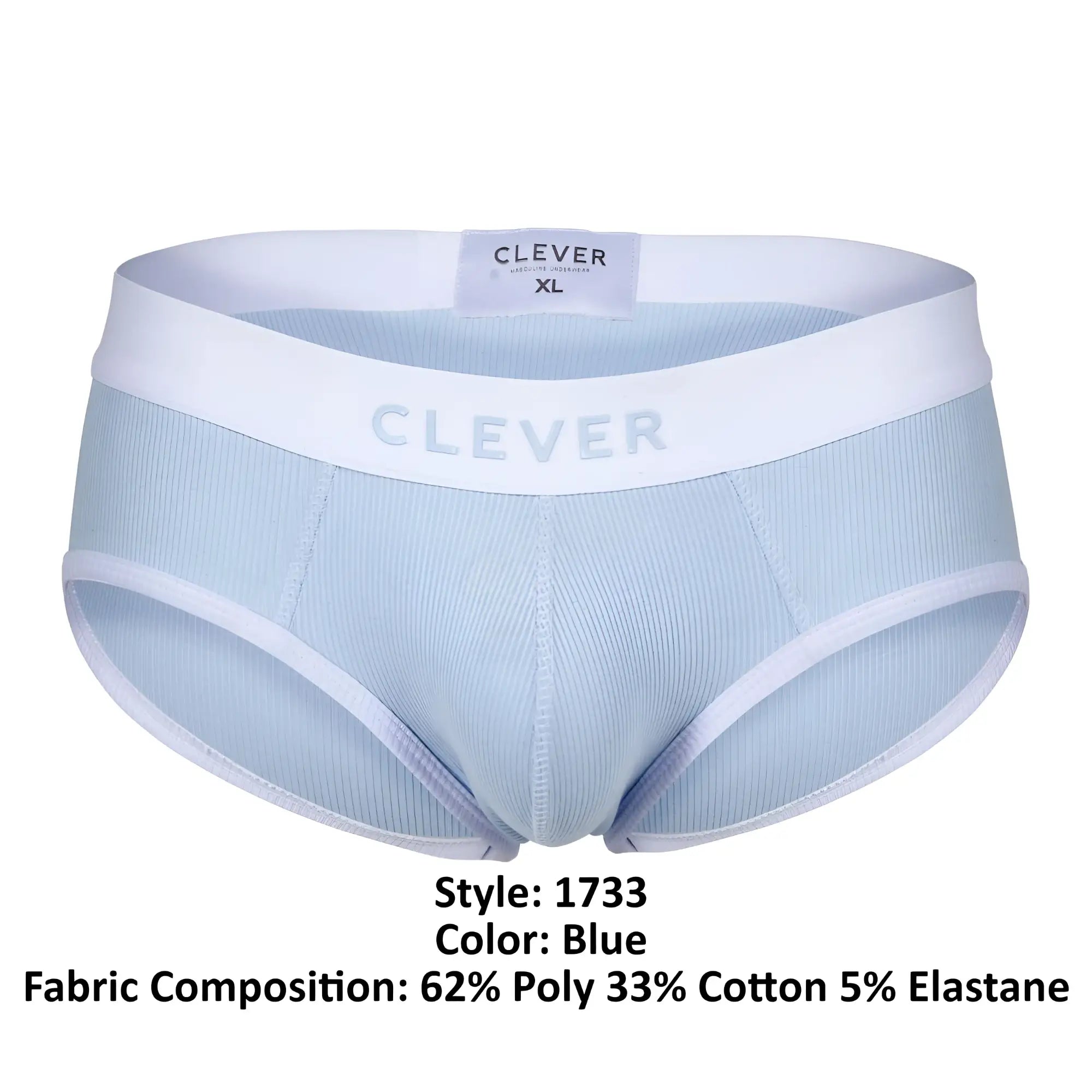 Light blue ribbed cotton briefs with white elastic waistband and clever brand logo in clever 1733 colors briefs