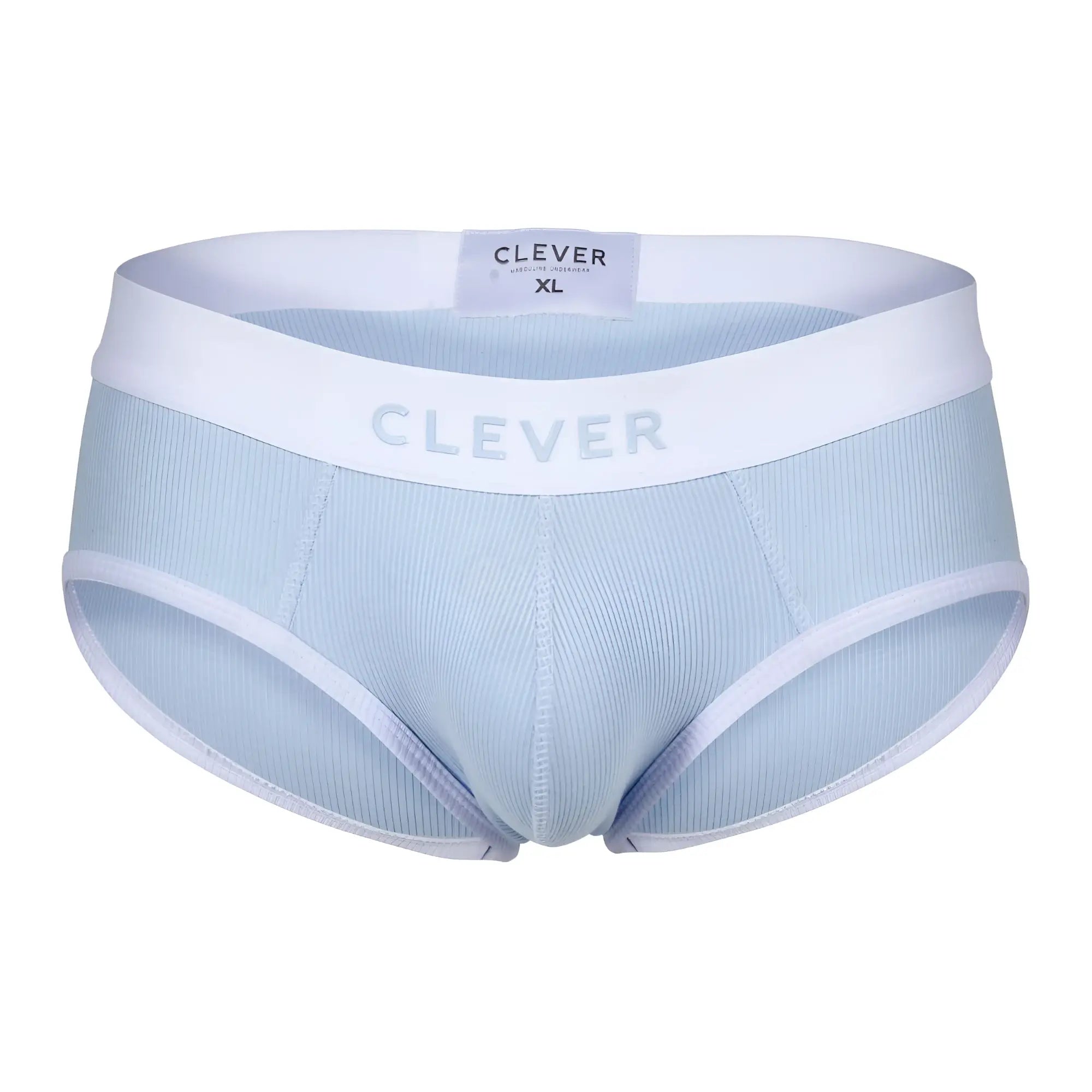 Light blue ribbed cotton briefs with white elastic waistband featuring clever brand name from clever 1733 colors collection