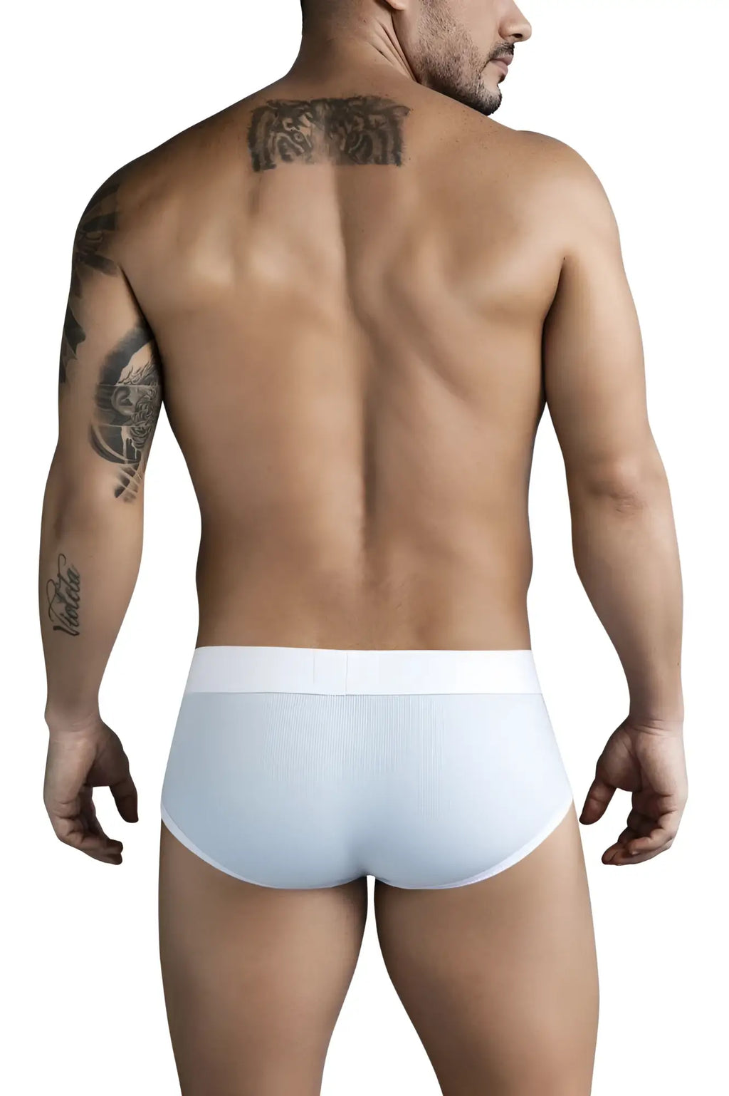 White ribbed briefs with solid white waistband from clever 1733 colors briefs in blue shown from the back