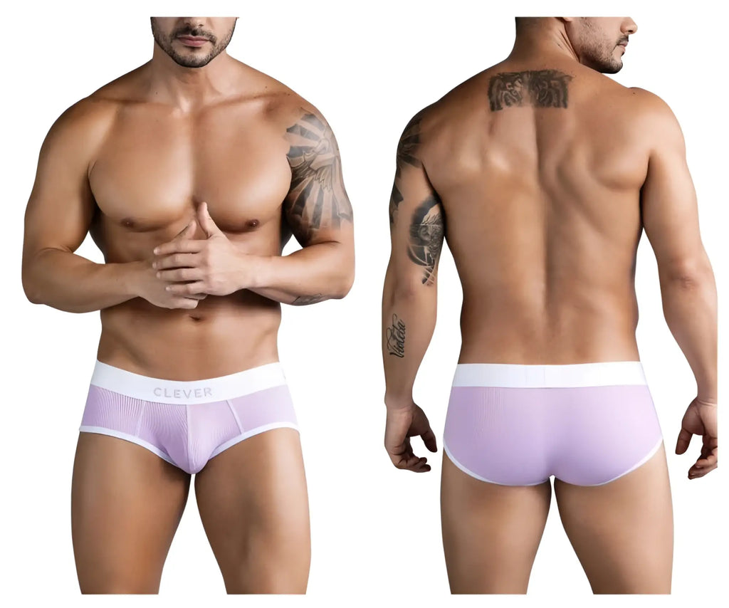 Lavender ribbed briefs with white elastic waistband and clever branding in lilac color from clever 1733 colors briefs
