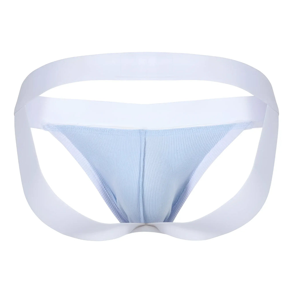 Light blue ribbed fabric briefs with white elastic waistband and leg openings from clever 1734 colors jockstrap collection