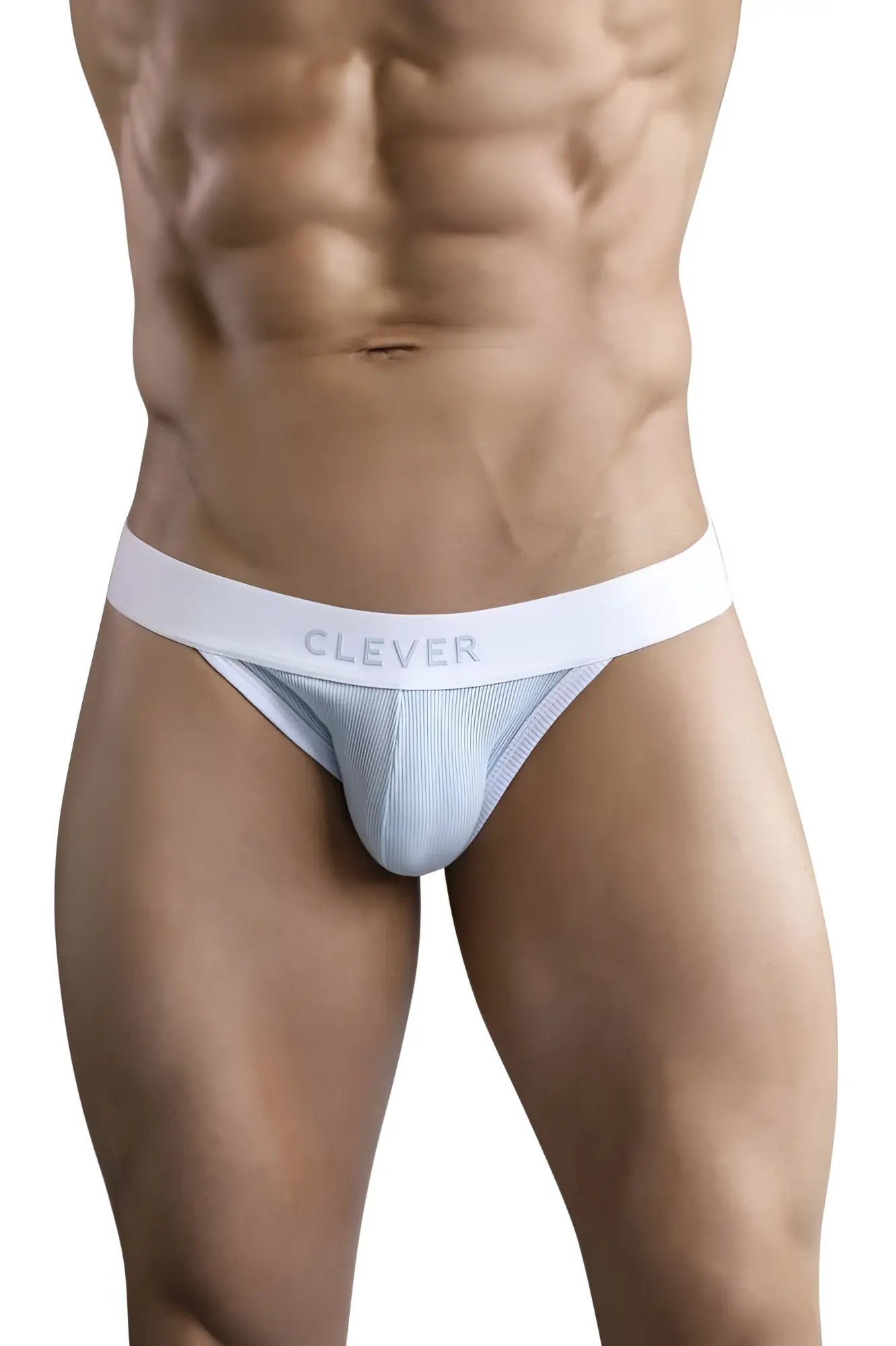 White and light blue ribbed cotton briefs with white waistband featuring clever brand name for comfortable wear