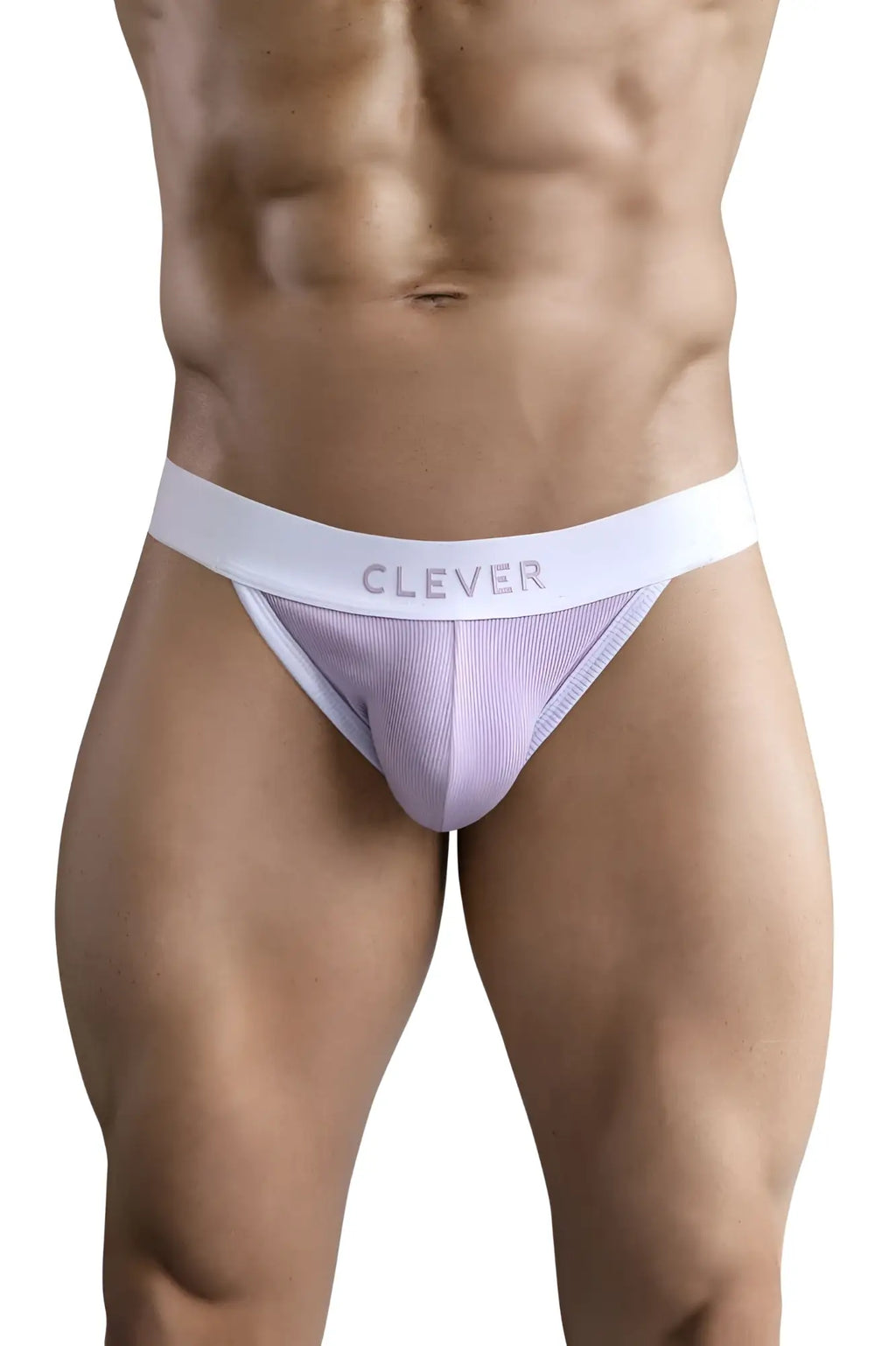 White and lavender striped briefs with branded waistband from clever 1734 colors jockstrap in lilac color