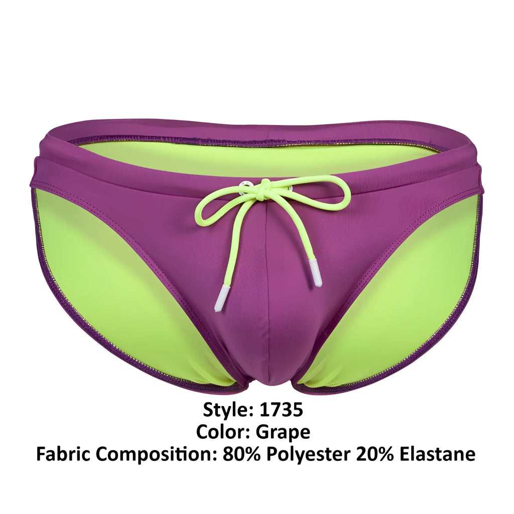 Purple and lime green clever 1735 vivo swim briefs with drawstring waistband for comfortable swimwear use