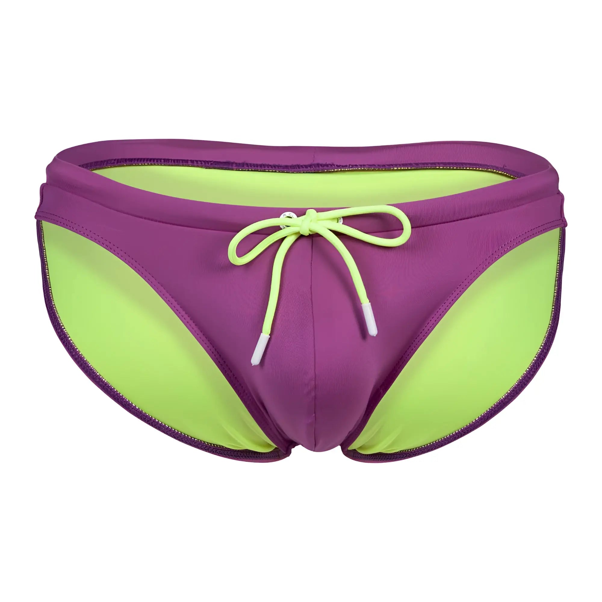 Clever 1735 Vivo swim briefs in grape color with neon green accents and matching drawstring tie for swim use