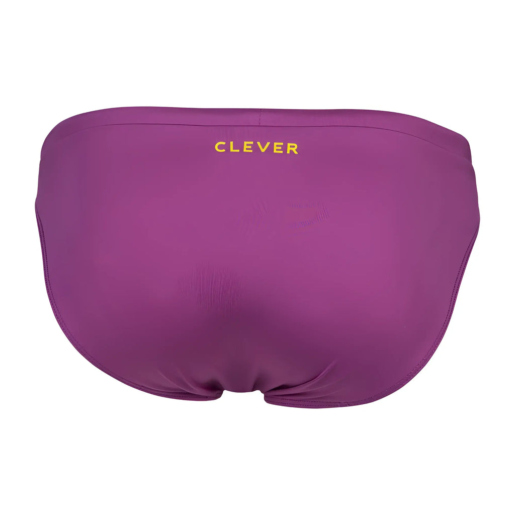 Purple clever 1735 vivo swim briefs with subtle textured fabric and gold embroidered brand name on waistband