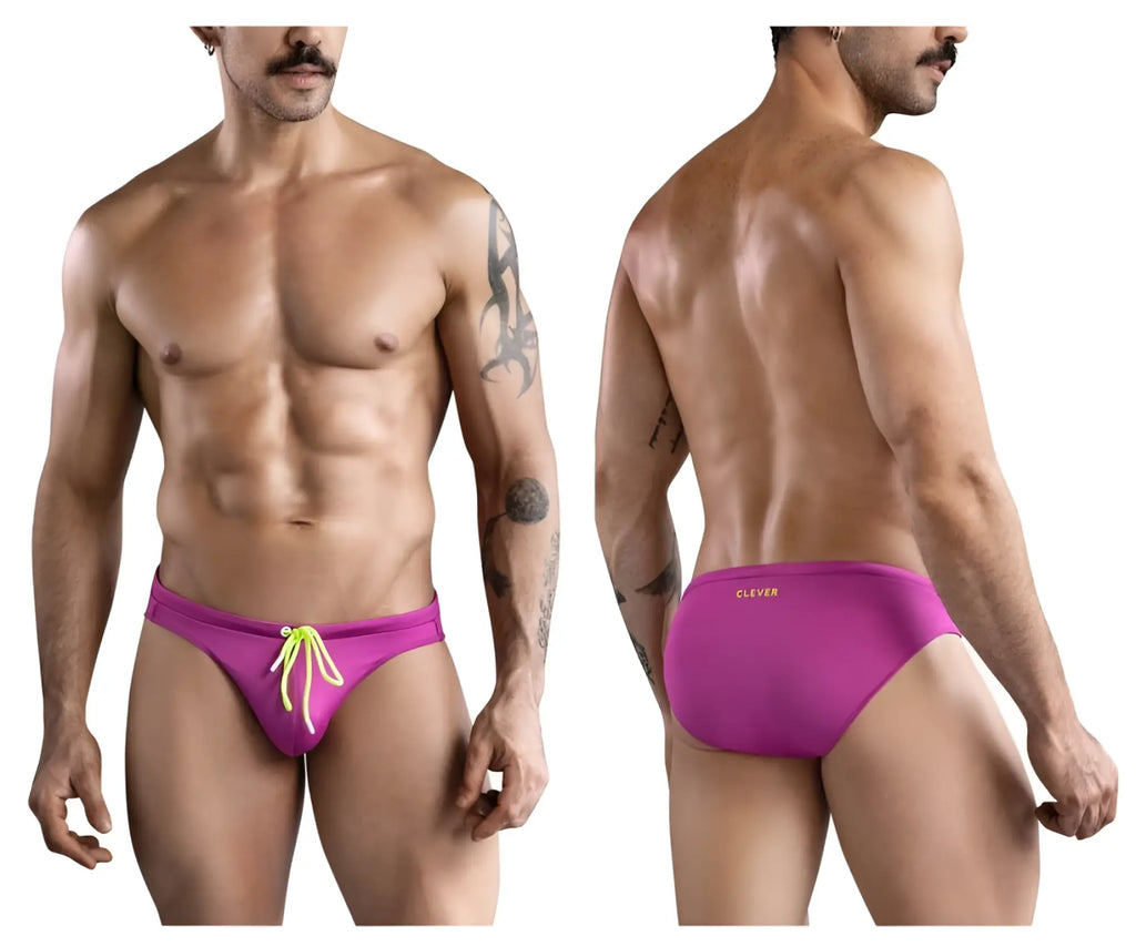 Clever 1735 vivo swim briefs in vibrant grape with neon yellow drawstrings and subtle clever logo on waistband