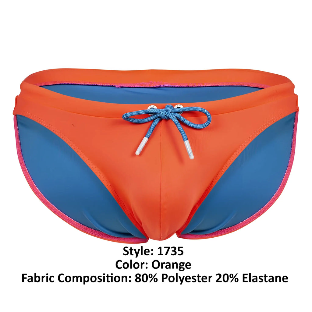 Clever 1735 vivo swim briefs in vibrant orange and blue with matching drawstring tie at the front for swimming