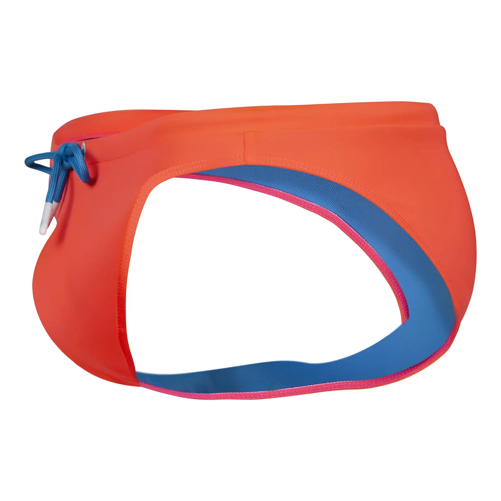 Clever 1735 vivo swim briefs in vibrant orange with bold blue and pink trim and matching blue adjustable drawstring