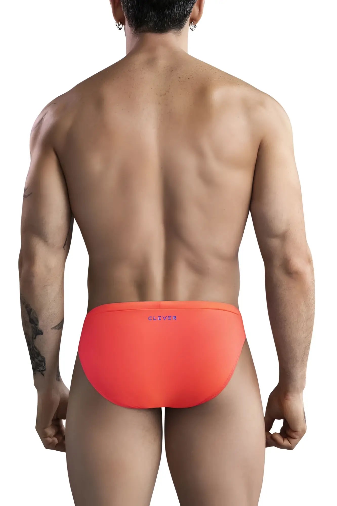 Vibrant orange clever 1735 vivo swim briefs with sleek form-fitting design and purple embroidered waistband logo