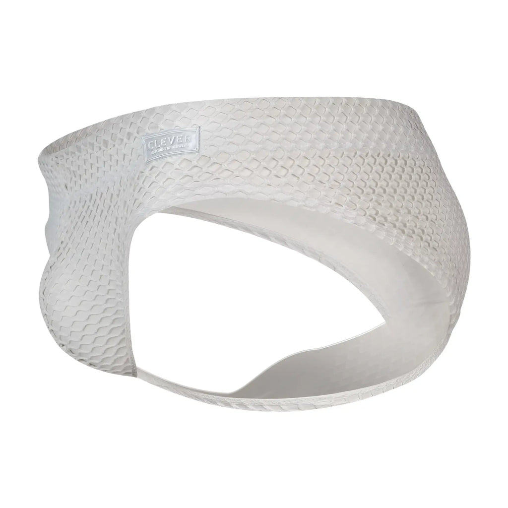 White clever 1743 island swim briefs with breathable white mesh fabric and subtle brand label visible on front side