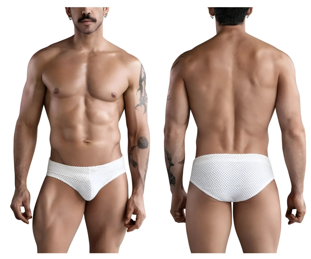 White clever 1743 island swim briefs with textured breathable mesh fabric designed for comfort and quick drying