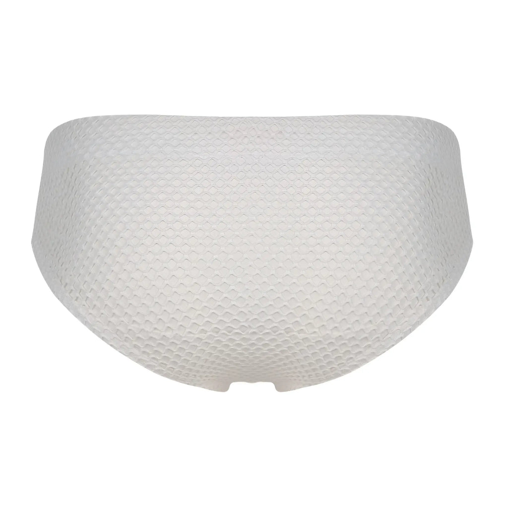 White clever 1743 island swim briefs with a honeycomb textured mesh pattern for swimwear use