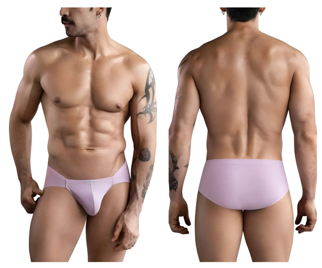 Lavender-colored smooth textured clever 1744 spring briefs for men with subtle logo on light pink waistband