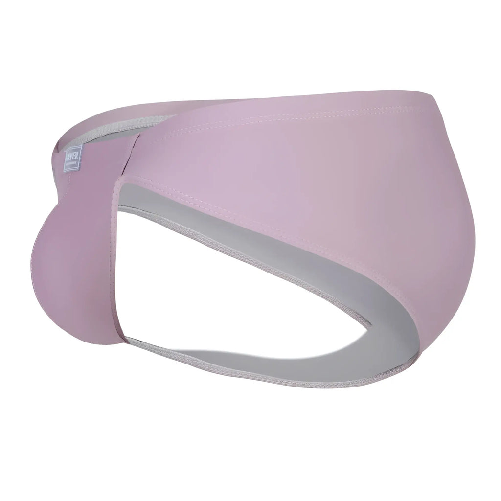 A soft lavender form-fitting men’s brief clever 1744 spring briefs with smooth elastic waistband and gray trim