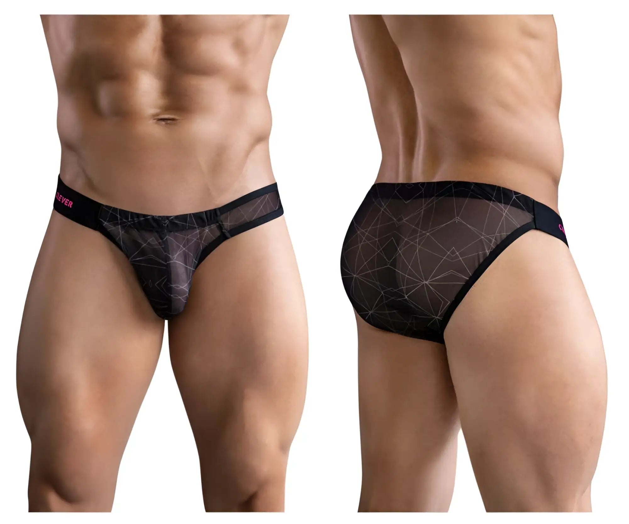Black mesh briefs with geometric pattern and pink branding on waistband from clever 1747 geometric bikini color black
