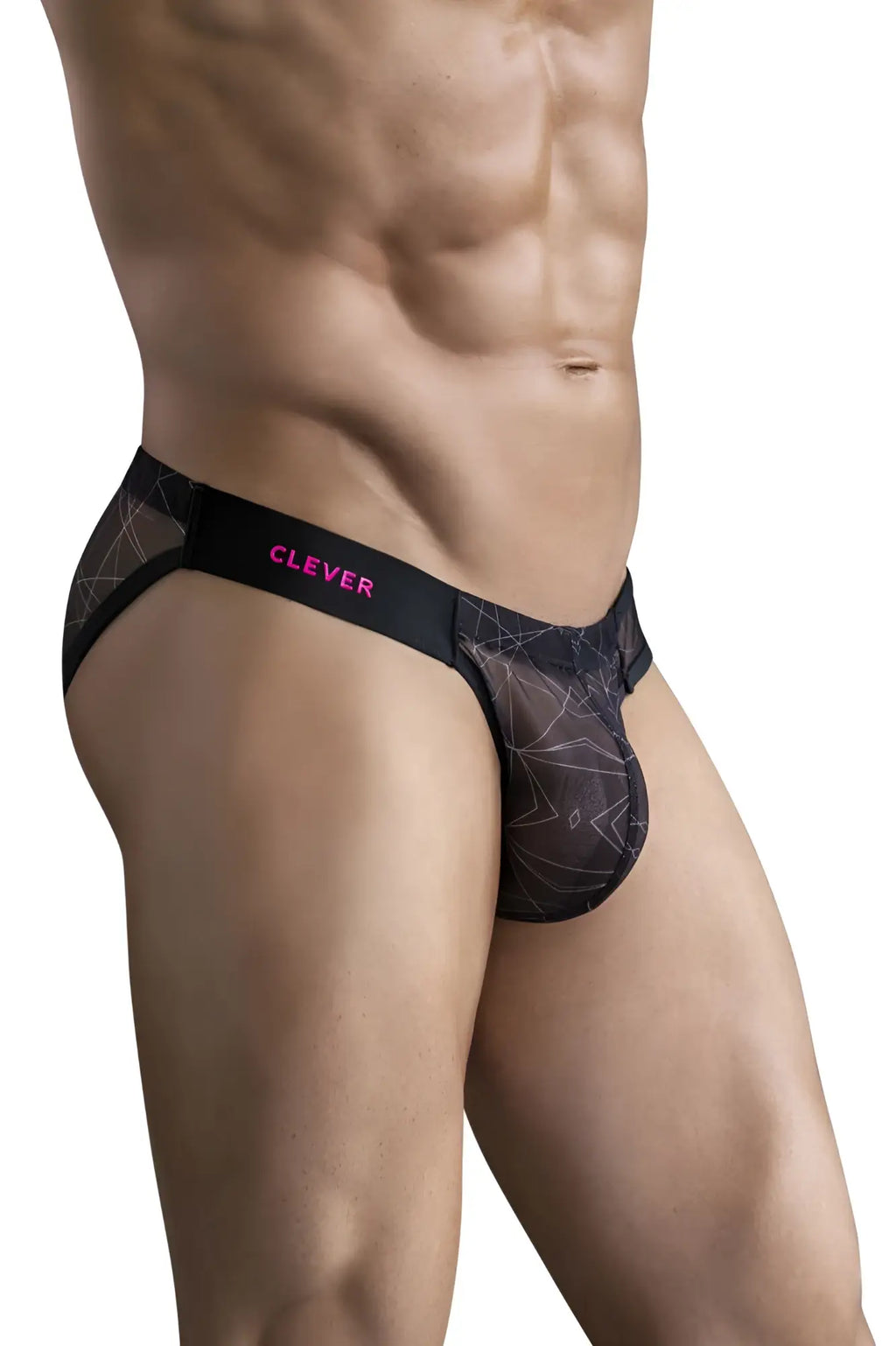 Black mesh briefs with geometric pattern and pink clever branding on waistband from clever 1747 geometric bikini