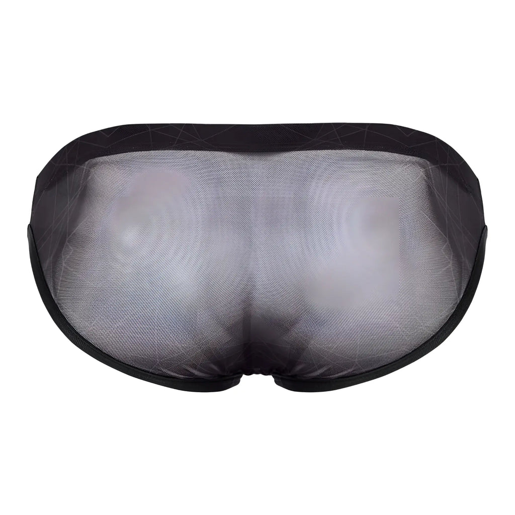 Black mesh briefs with a subtle geometric pattern on the waistband from clever 1747 geometric bikini in black