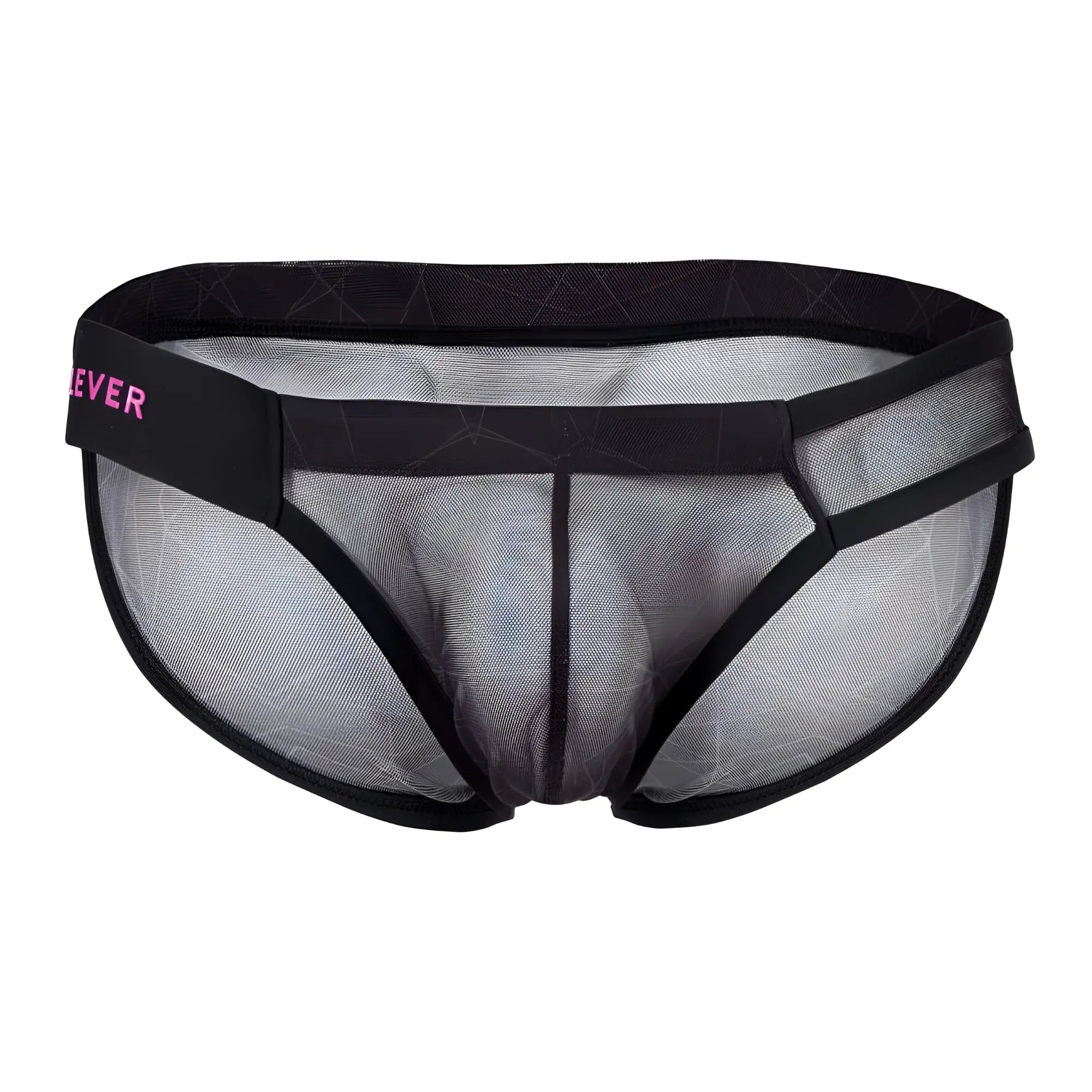 Black mesh briefs with subtle geometric pattern and pink ever branding on the waistband from clever 1747 bikini collection