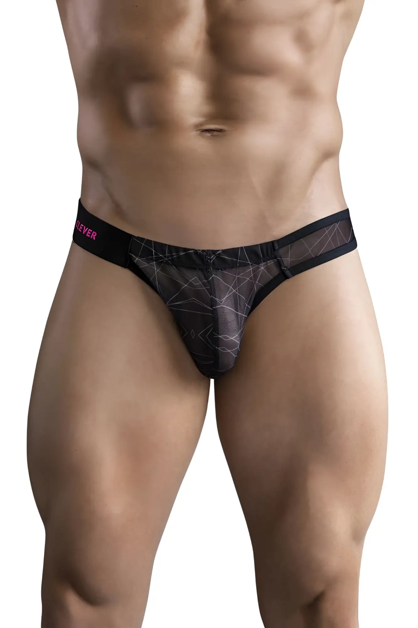 Black mesh thong bikini with geometric pattern and pink clever 1747 branding on waistband shown from the back