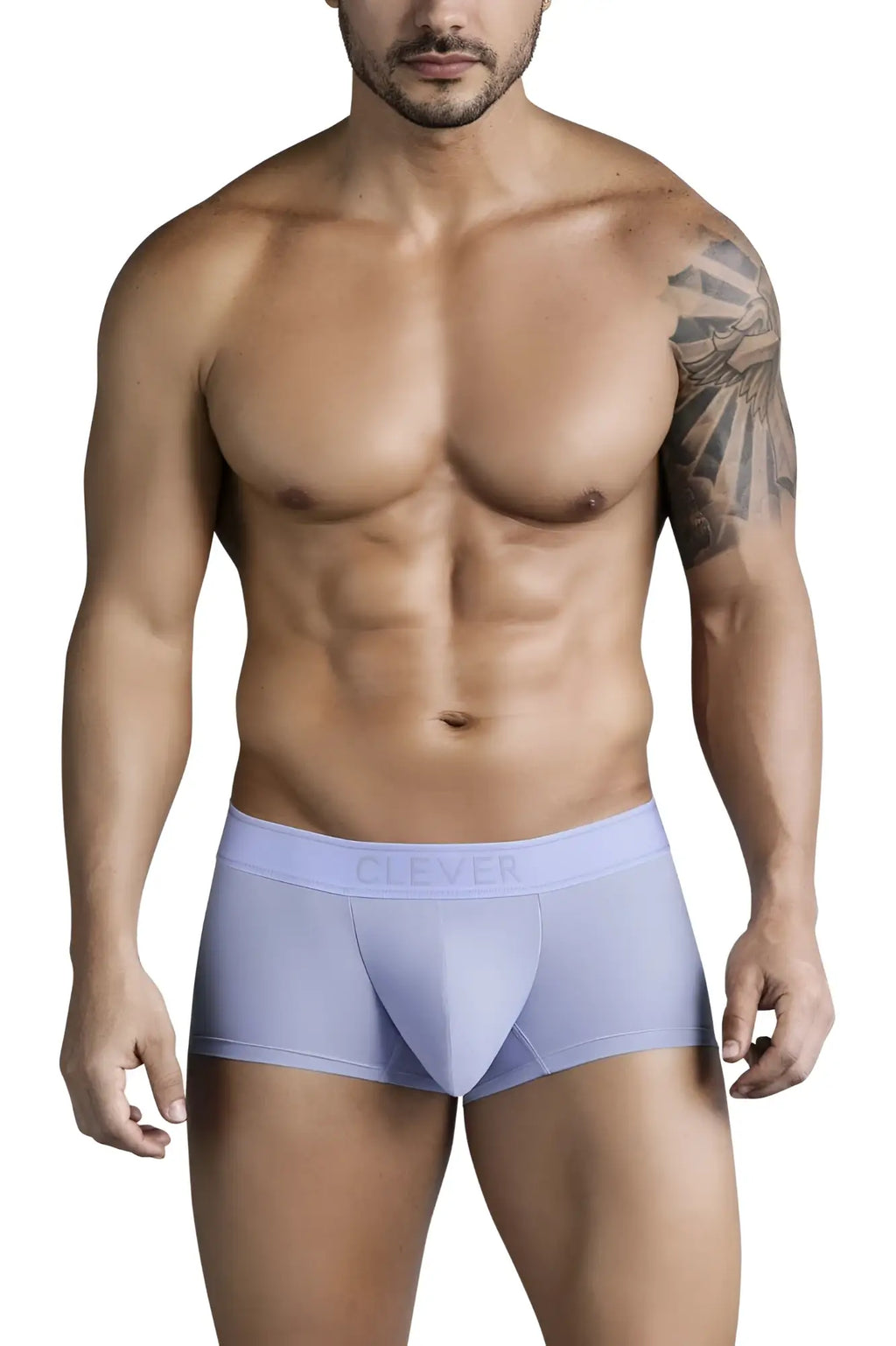 Light blue clever 1751 craftiness men’s boxer briefs with contoured design and embroidered waistband logo