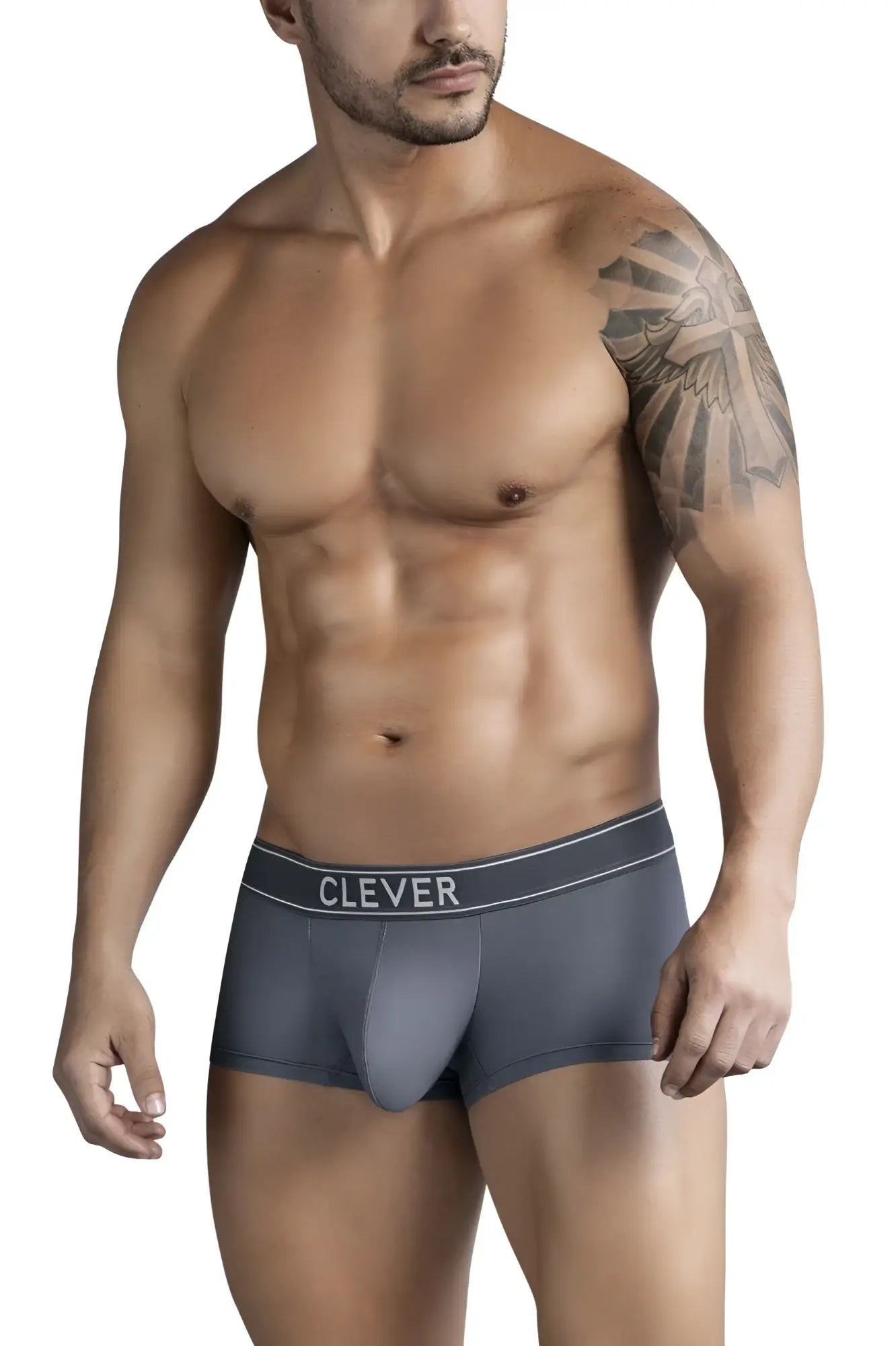 Gray clever 1751 craftiness trunks briefs with subtle textured pattern and white waistband trim in dark gray