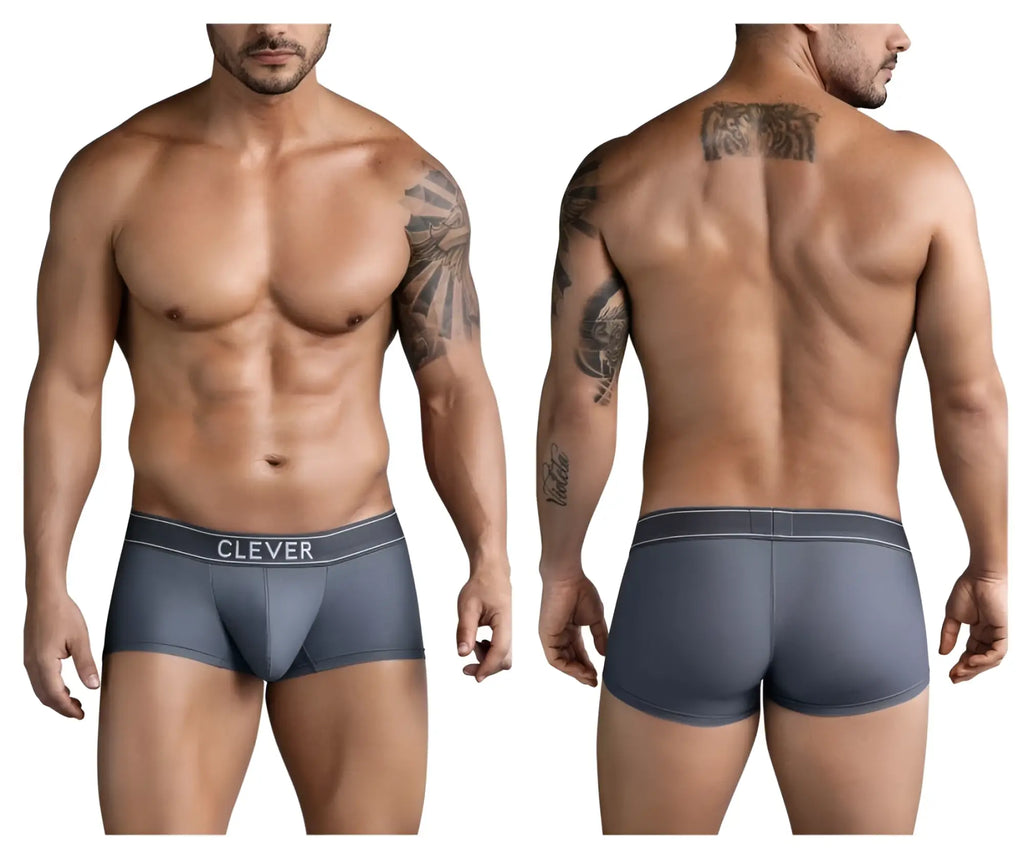 Gray clever 1751 craftiness trunks men’s boxer briefs with white logo on waistband in dark gray color