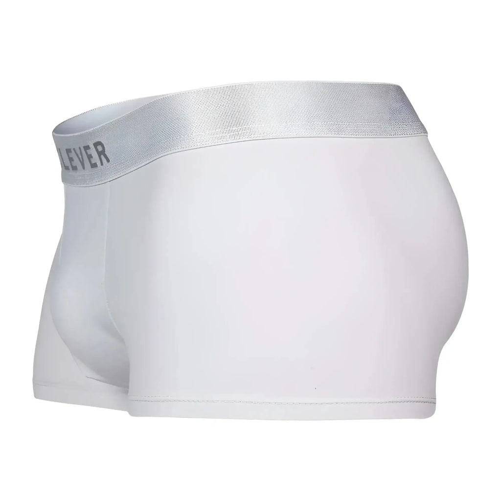 White boxer briefs clever 1752 victor trunks with silver elastic waistband featuring lever brand name