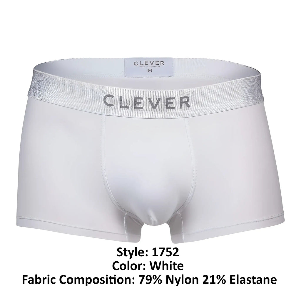 White men’s clever 1752 victor trunks boxer briefs with silver waistband made of 79 nylon 21 elastane