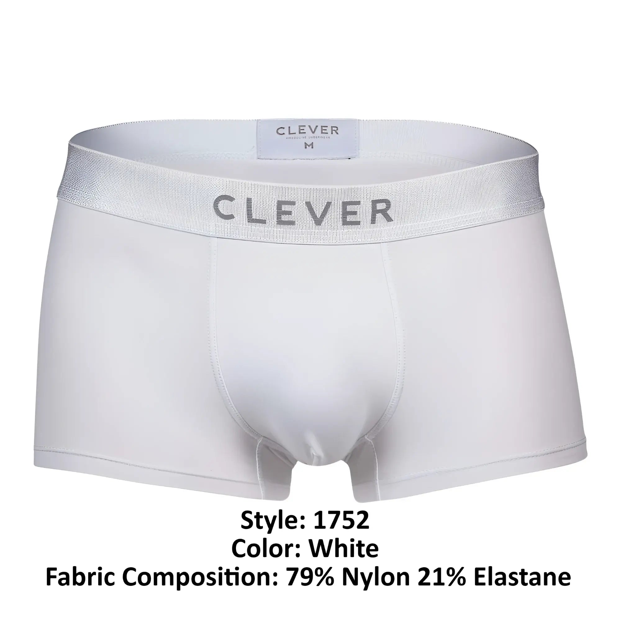 White men’s clever 1752 victor trunks boxer briefs with silver waistband made of 79 nylon 21 elastane