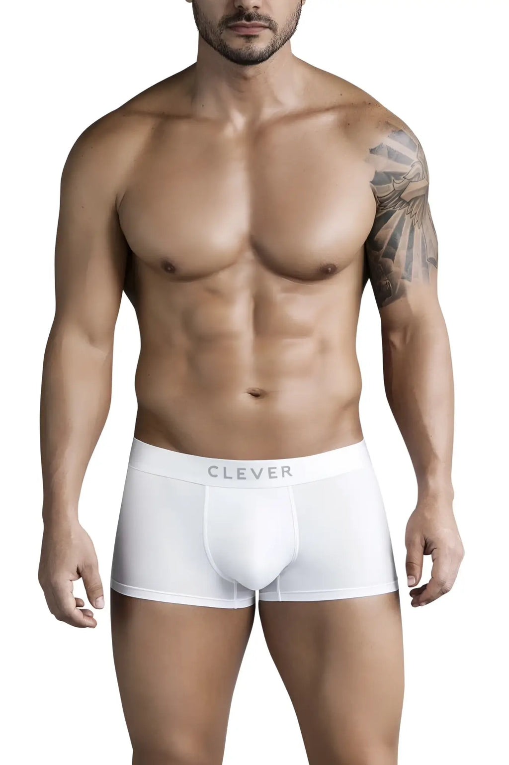 White clever 1752 victor trunks boxer briefs in white with a subtle clever logo on the waistband