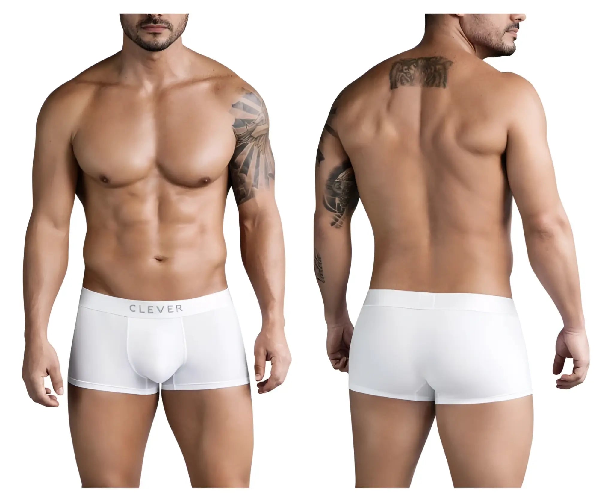 White men’s boxer briefs clever 1752 victor trunks with subtle logo on waistband in white color