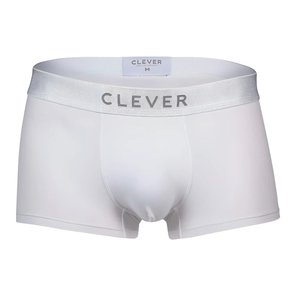 White clever 1752 victor trunks briefs with silver elastic waistband featuring brand name in metallic lettering