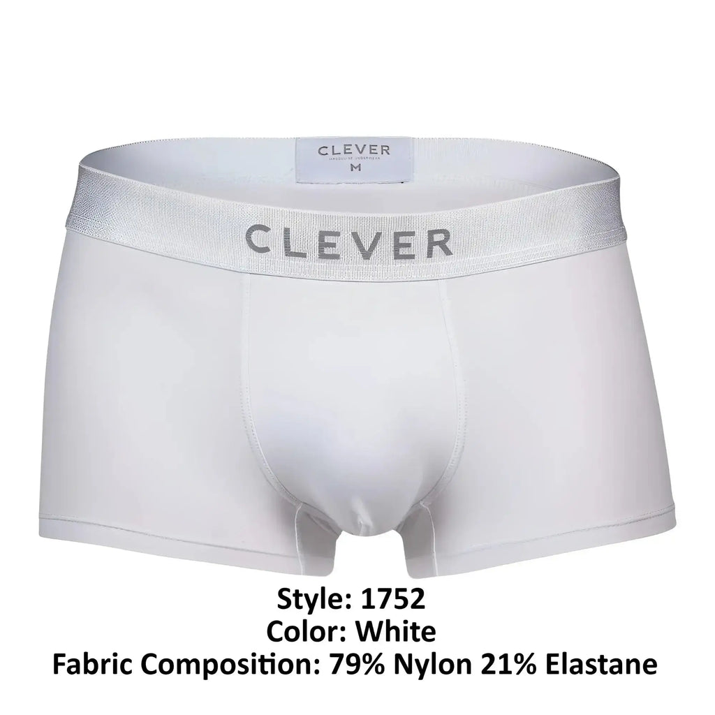 White men’s clever 1752 victor trunks boxer briefs with silver waistband made of 79 nylon 21 elastane