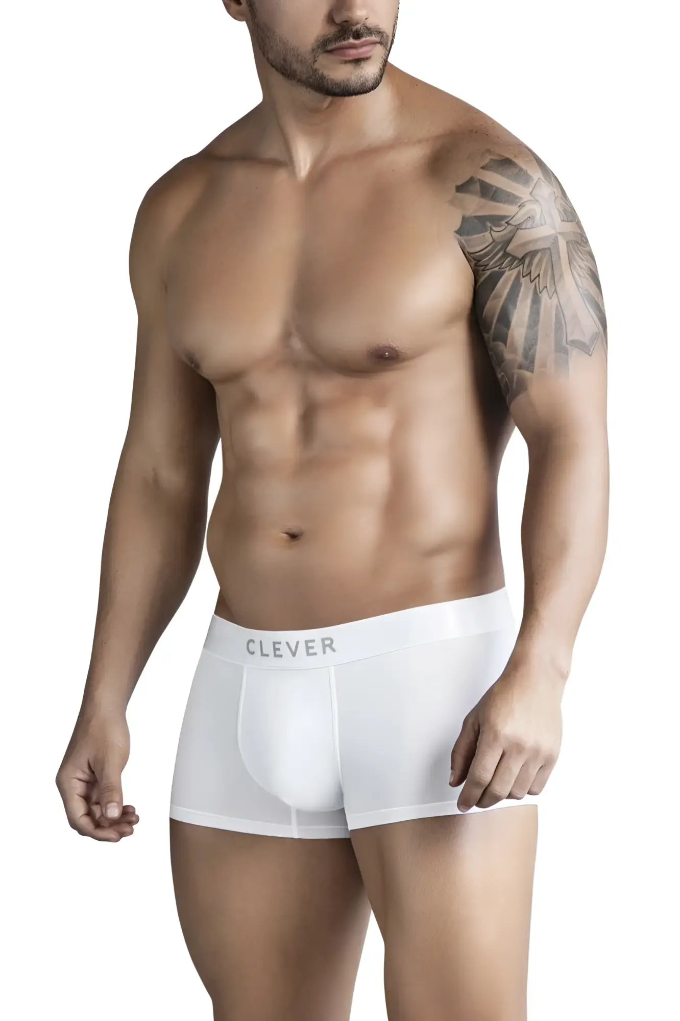 White clever 1752 victor trunks in white with smooth form-fitting design and gray brand name on waistband