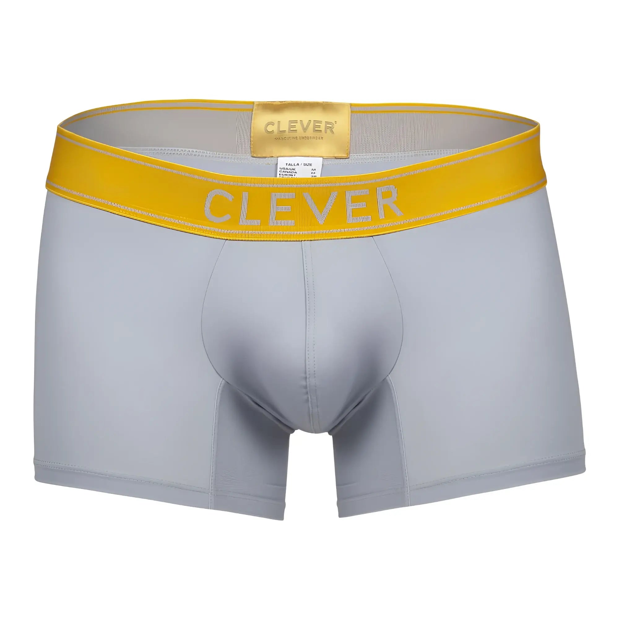 Gray clever 1755 diseño trunks boxer briefs with bright yellow waistband and white clever brand lettering