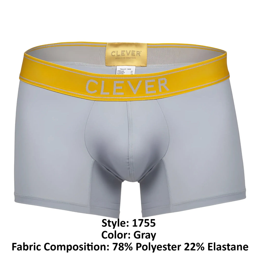 Gray clever 1755 diseno trunks boxer briefs with bright yellow waistband and white clever logo for comfortable everyday wear