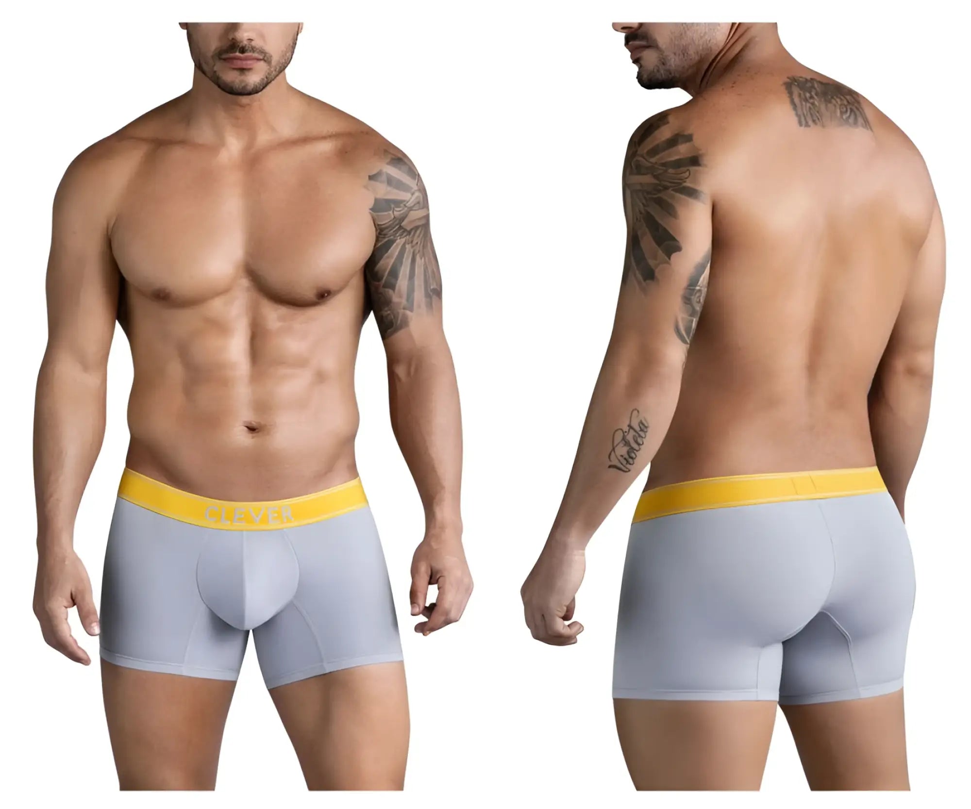 Light gray clever 1755 diseno boxer briefs with bright yellow elastic waistband and victor brand name in black