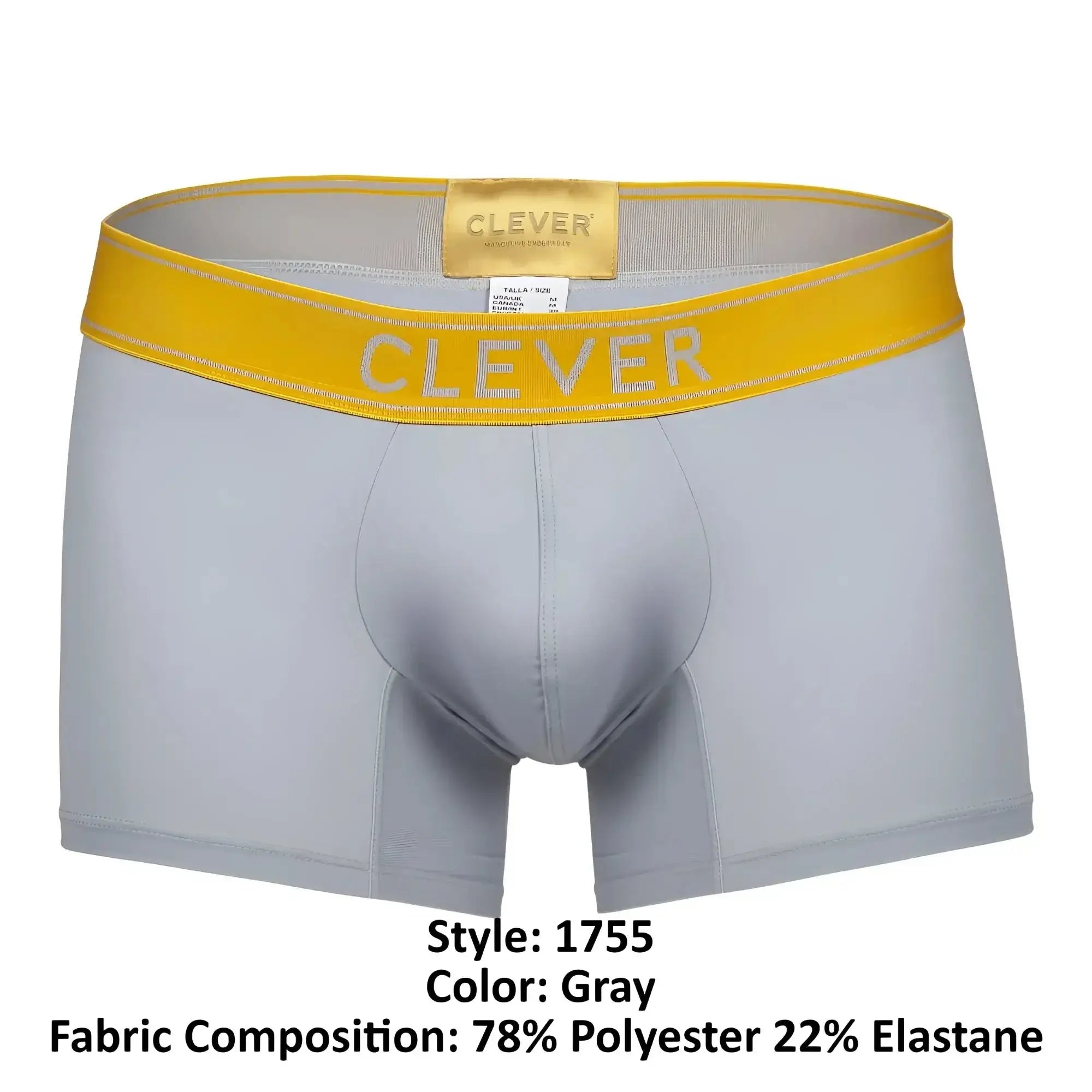 Gray clever 1755 diseno trunks boxer briefs with bright yellow waistband and white clever logo for comfortable everyday wear