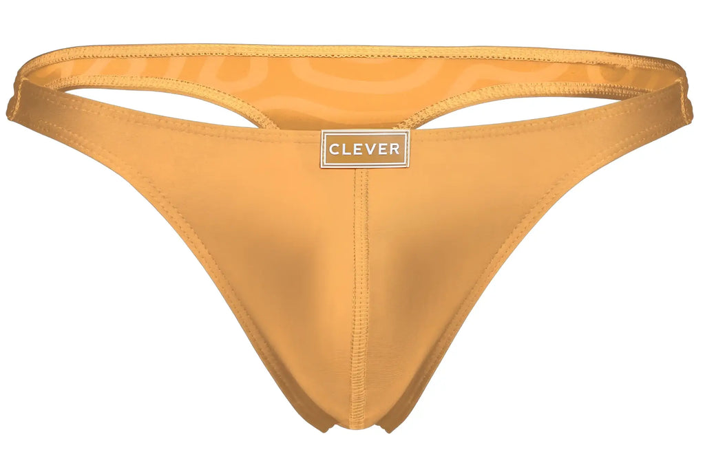 Golden-yellow satin thong with subtle pattern and clever brand label in clever 1773 cactus thongs color orange