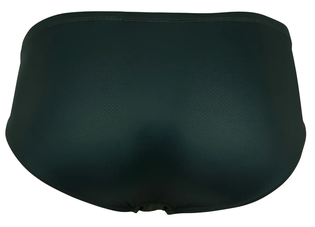 Clever 1775 optimo briefs in dark green are smooth textured snug swim trunks with an elastic waistband