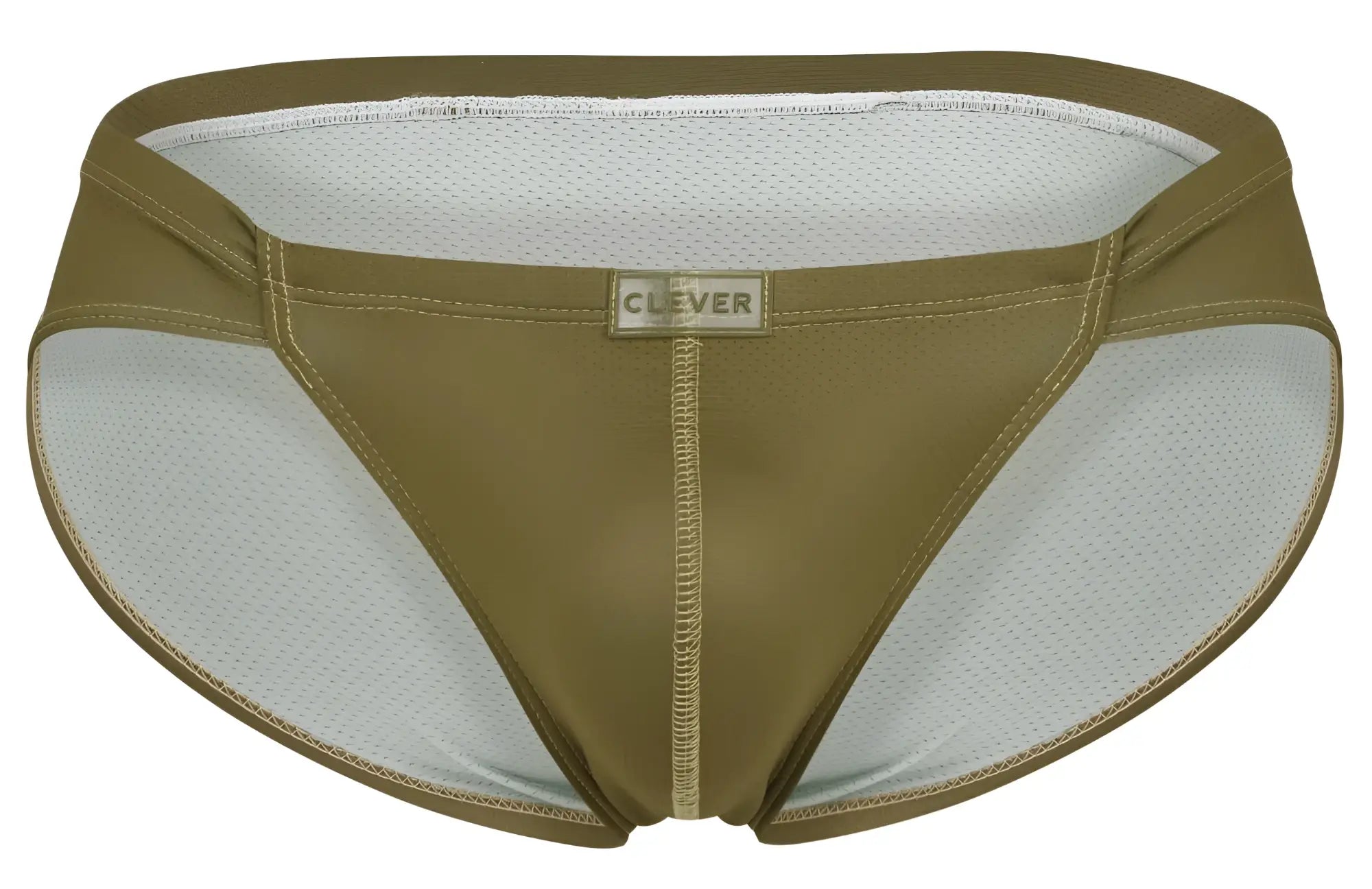 Olive green and white mesh briefs with clever brand label front in clever 1775 optimo briefs color green