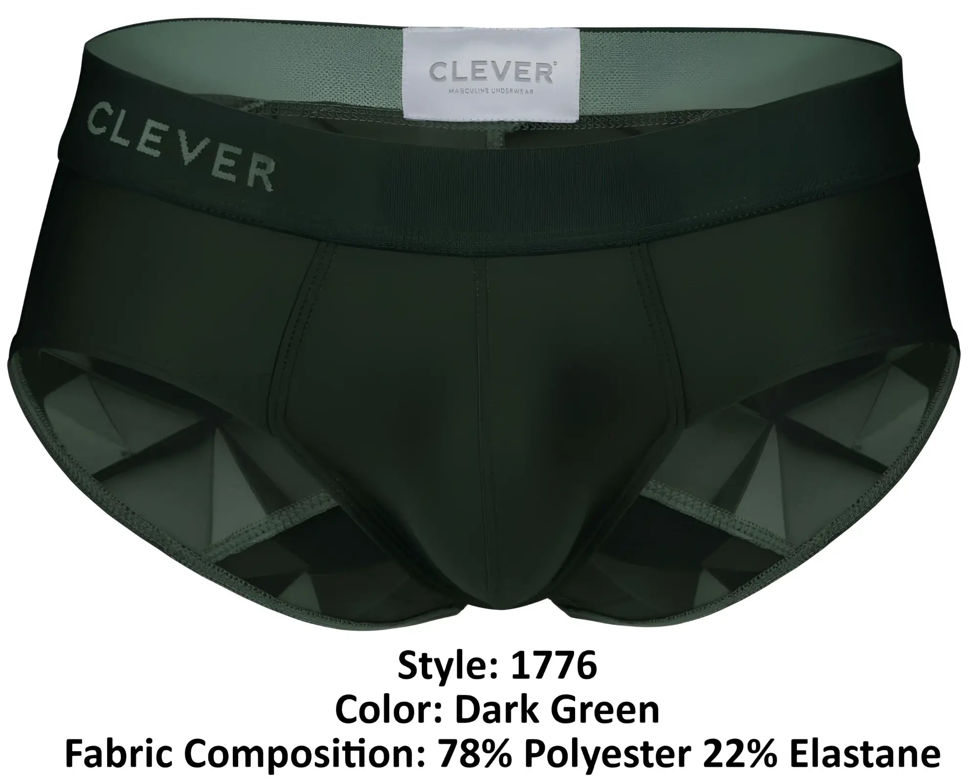 Dark green clever 1776 venecia briefs with geometric faceted design and elastic waistband in front view