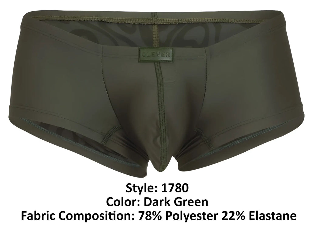 Dark green clever 1780 maya trunks made from 78 percent polyester 22 percent elastane with subtle camo inner lining
