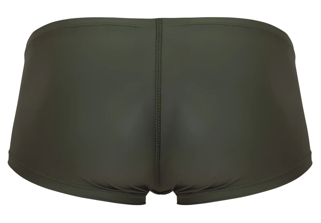 Dark olive green clever 1780 maya swim trunks in form-fitting stretchy fabric with a central seam on the back side